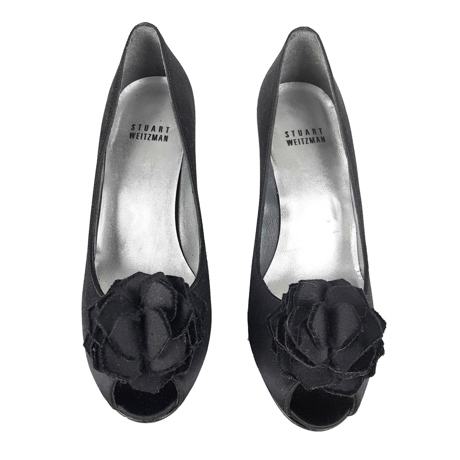 STUART WEITZMAN Black Suede Peep Toe Rosette Detail Womens Pumps Heels Shoes 5.5