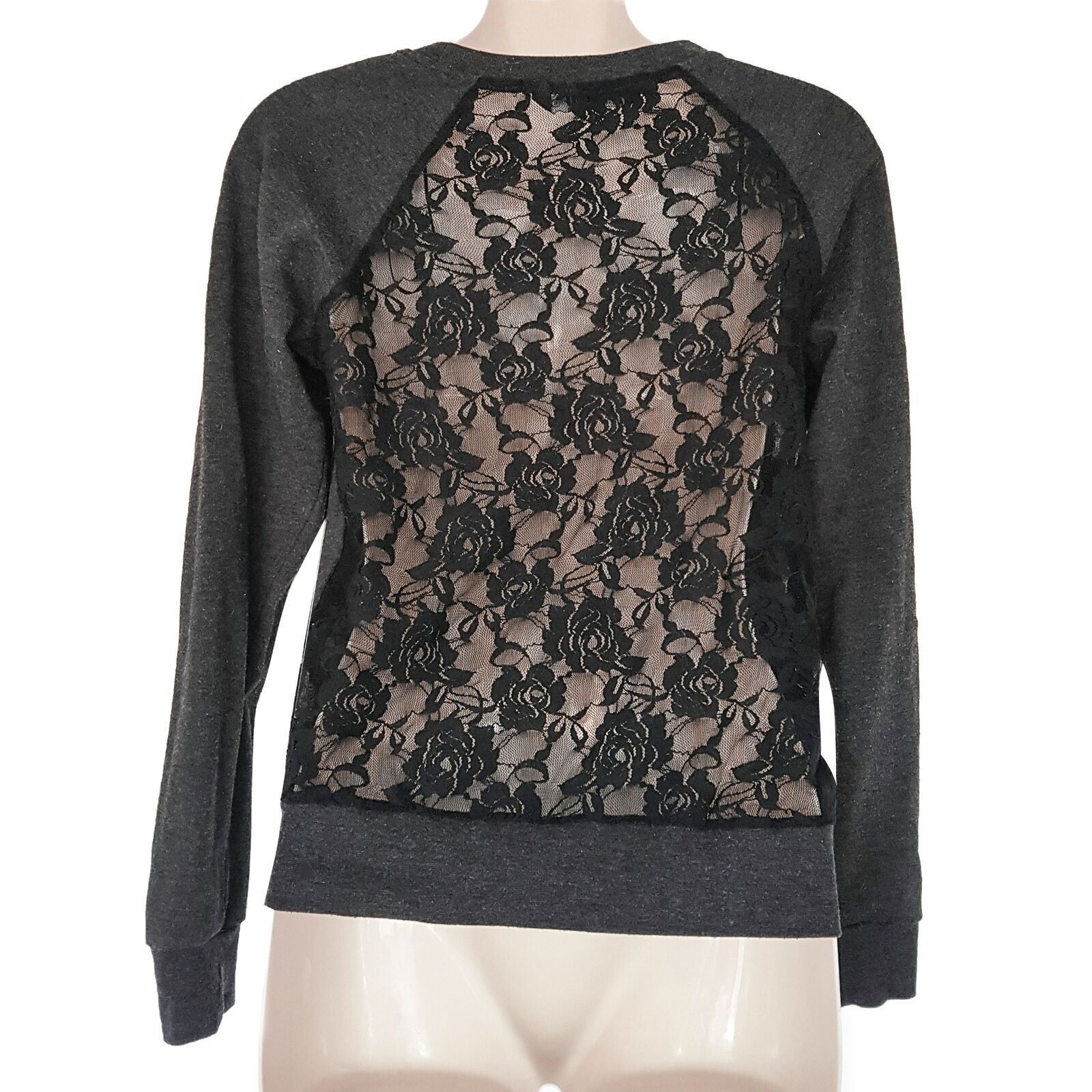 GIRL XPRESS Dark Grey Sheer Floral Lace Back Women's Long Sleeve Sweater Petite