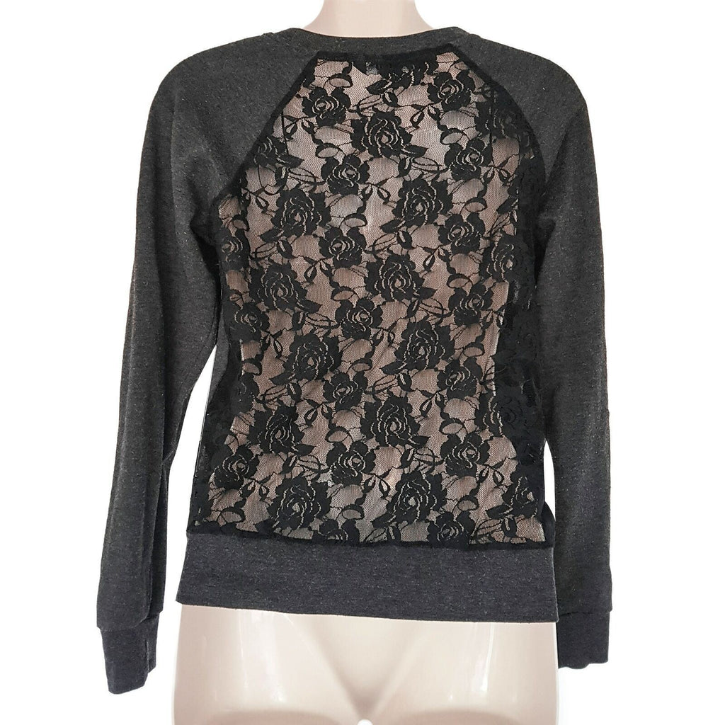GIRL XPRESS Dark Grey Sheer Floral Lace Back Women's Long Sleeve Sweater Petite