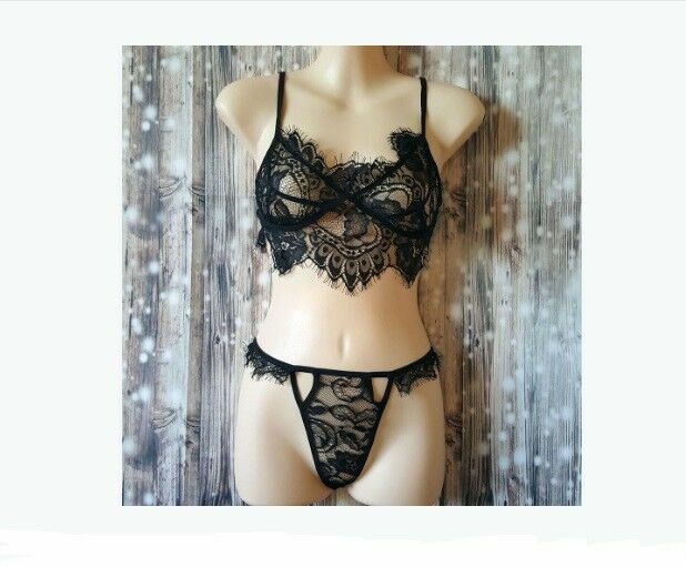 2pc Black Lace Sexy See-Through Bra Panties Lingerie Women Intimate Underwear