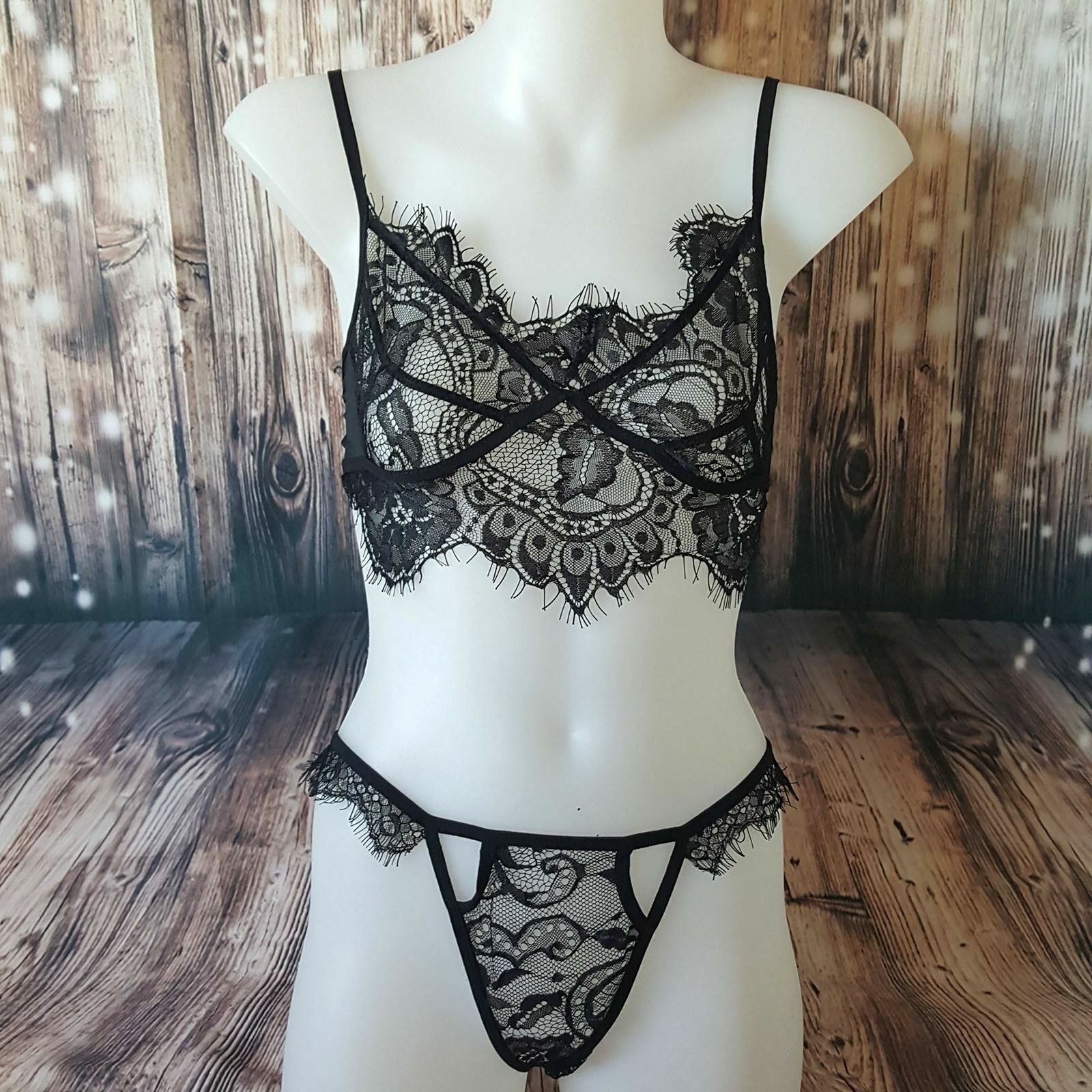 2pc Black Lace Sexy See-Through Bra Panties Lingerie Women Intimate Underwear