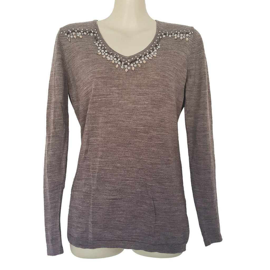 Chelsea Knit Top Embellished Long Sleeve Grey Round Neck Pullover Blouse Wool