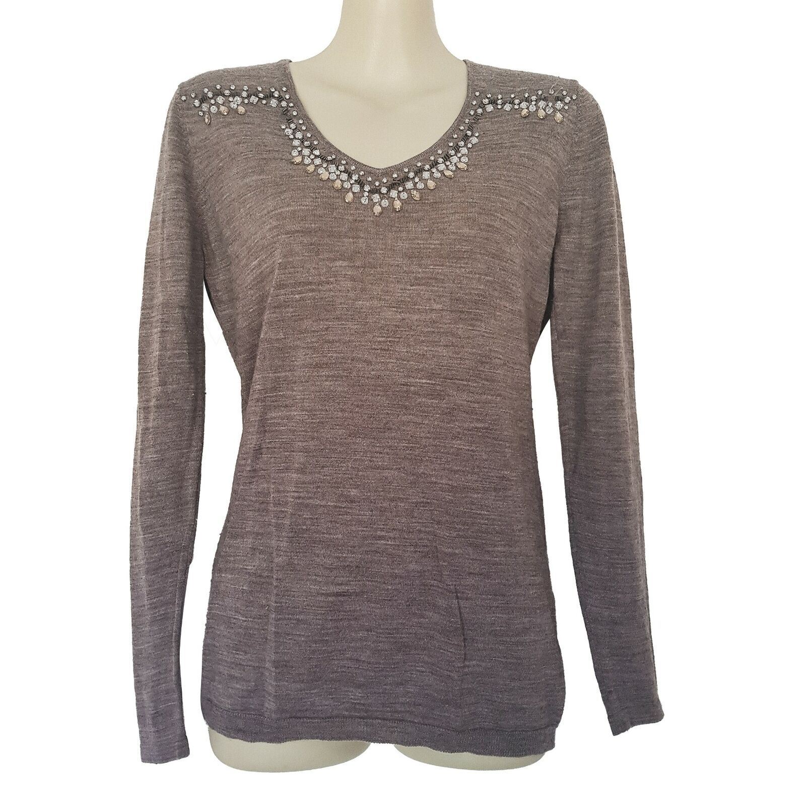 Chelsea Knit Top Embellished Long Sleeve Grey Round Neck Pullover Blouse Wool