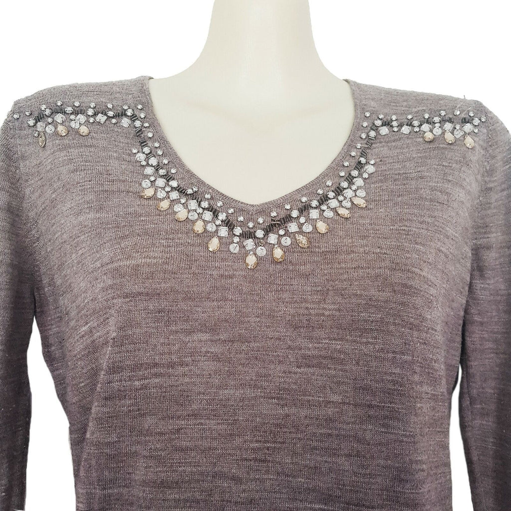 Chelsea Knit Top Embellished Long Sleeve Grey Round Neck Pullover Blouse Wool