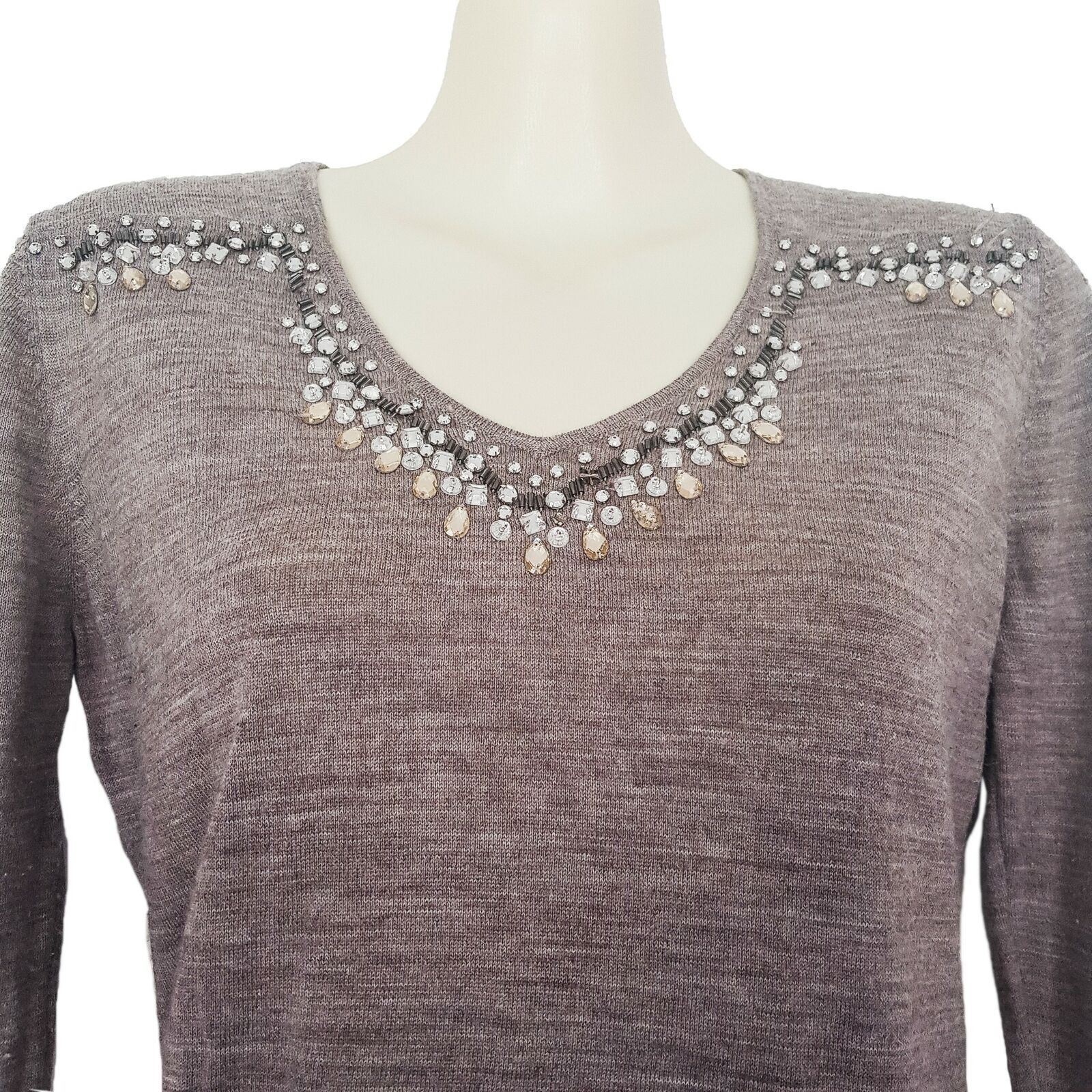 Chelsea Knit Top Embellished Long Sleeve Grey Round Neck Pullover Blouse Wool