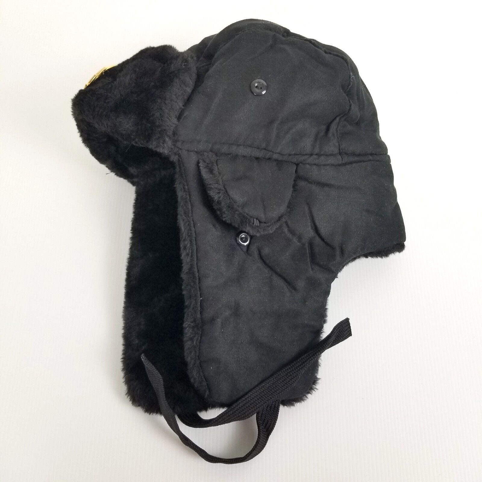 Black Ushanka Trapper Hat Star Badge Faux Fur Cossack Ear Flaps Russian Warm Cap