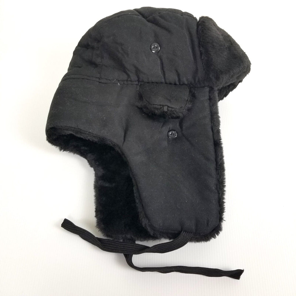 Black Ushanka Trapper Hat Star Badge Faux Fur Cossack Ear Flaps Russian Warm Cap