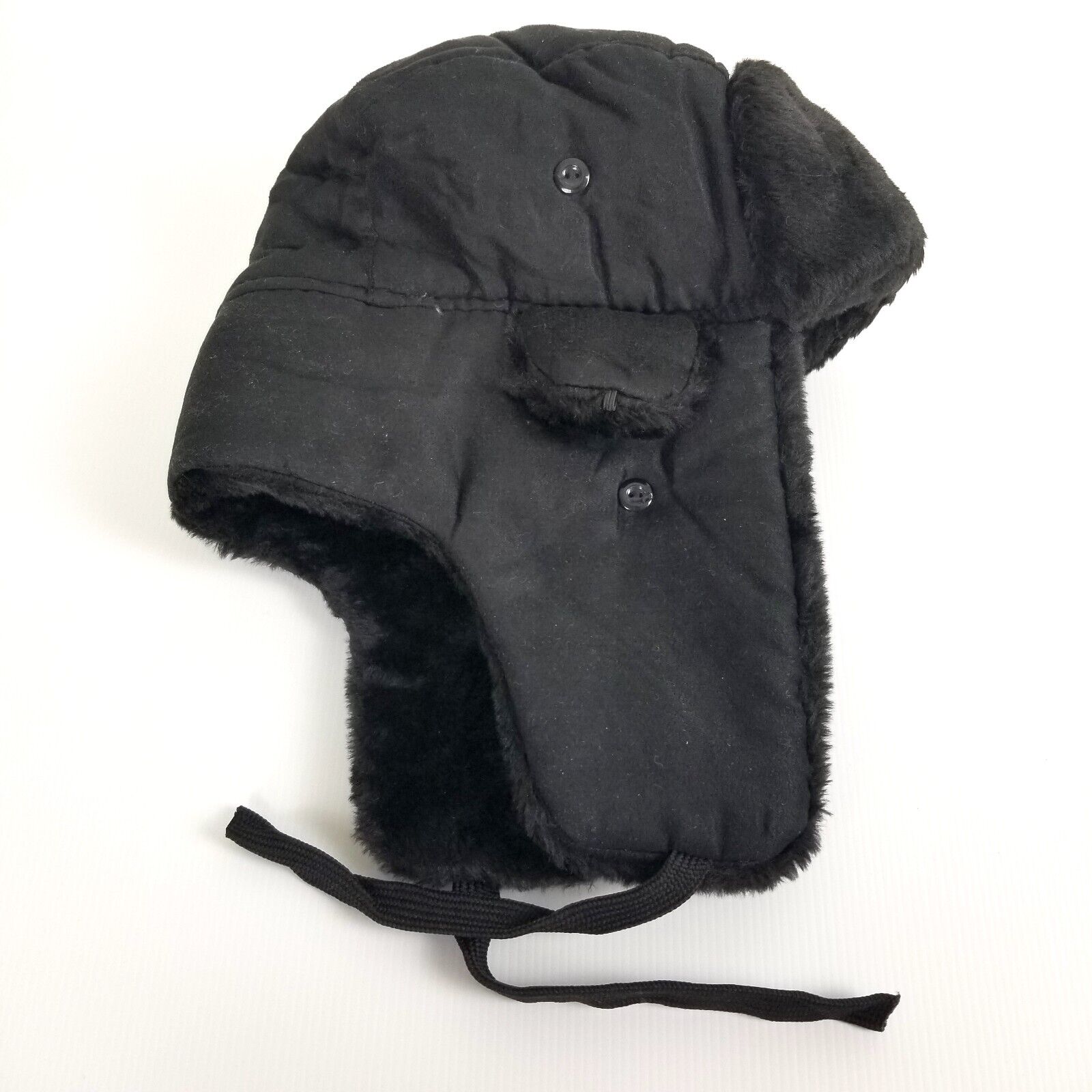 Black Ushanka Trapper Hat Star Badge Faux Fur Cossack Ear Flaps Russian Warm Cap