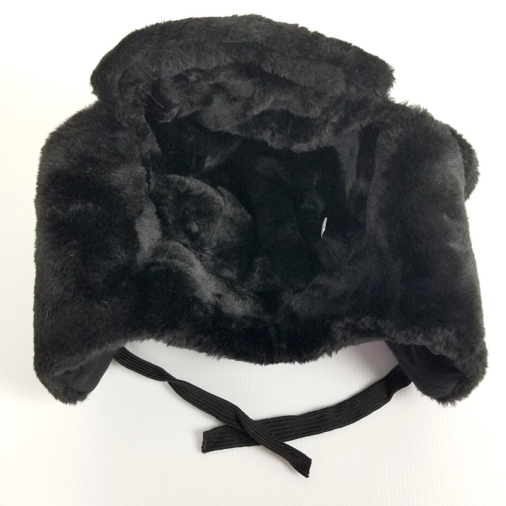 Black Ushanka Trapper Hat Star Badge Faux Fur Cossack Ear Flaps Russian Warm Cap