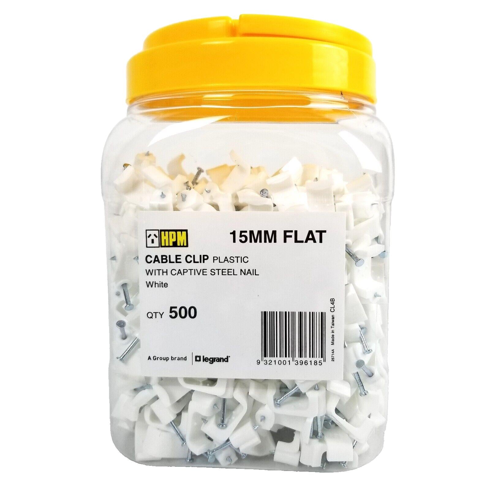 HPM 500-pack 15MM Flat Electrical Cable Clip with Captive Steel Nail White Bulk