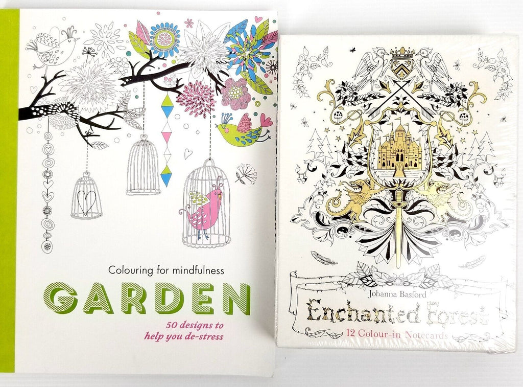 2pc: Garden Colouring Book & Enchanted Forest 12 Colour-In Notecards J. Basford