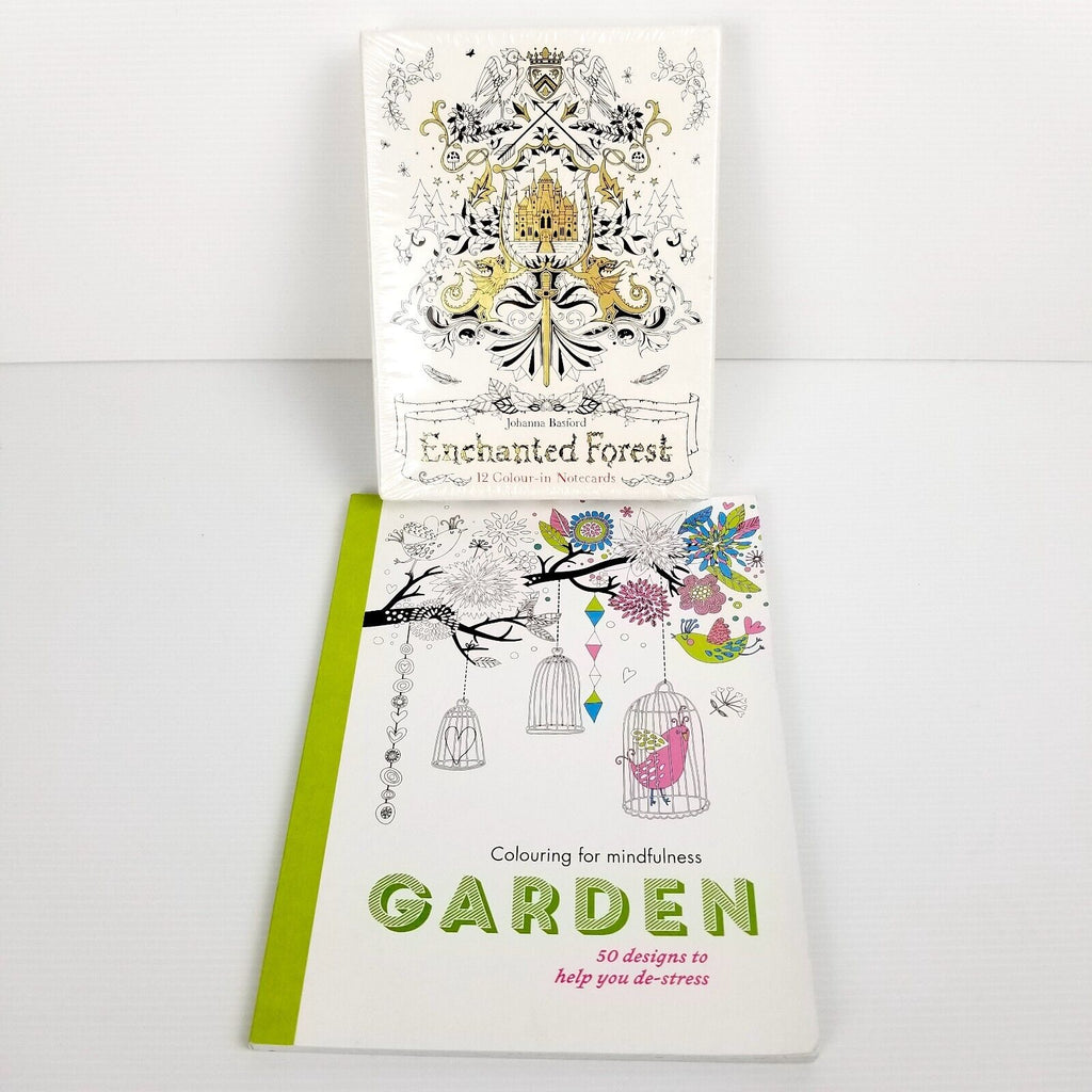 2pc: Garden Colouring Book & Enchanted Forest 12 Colour-In Notecards J. Basford