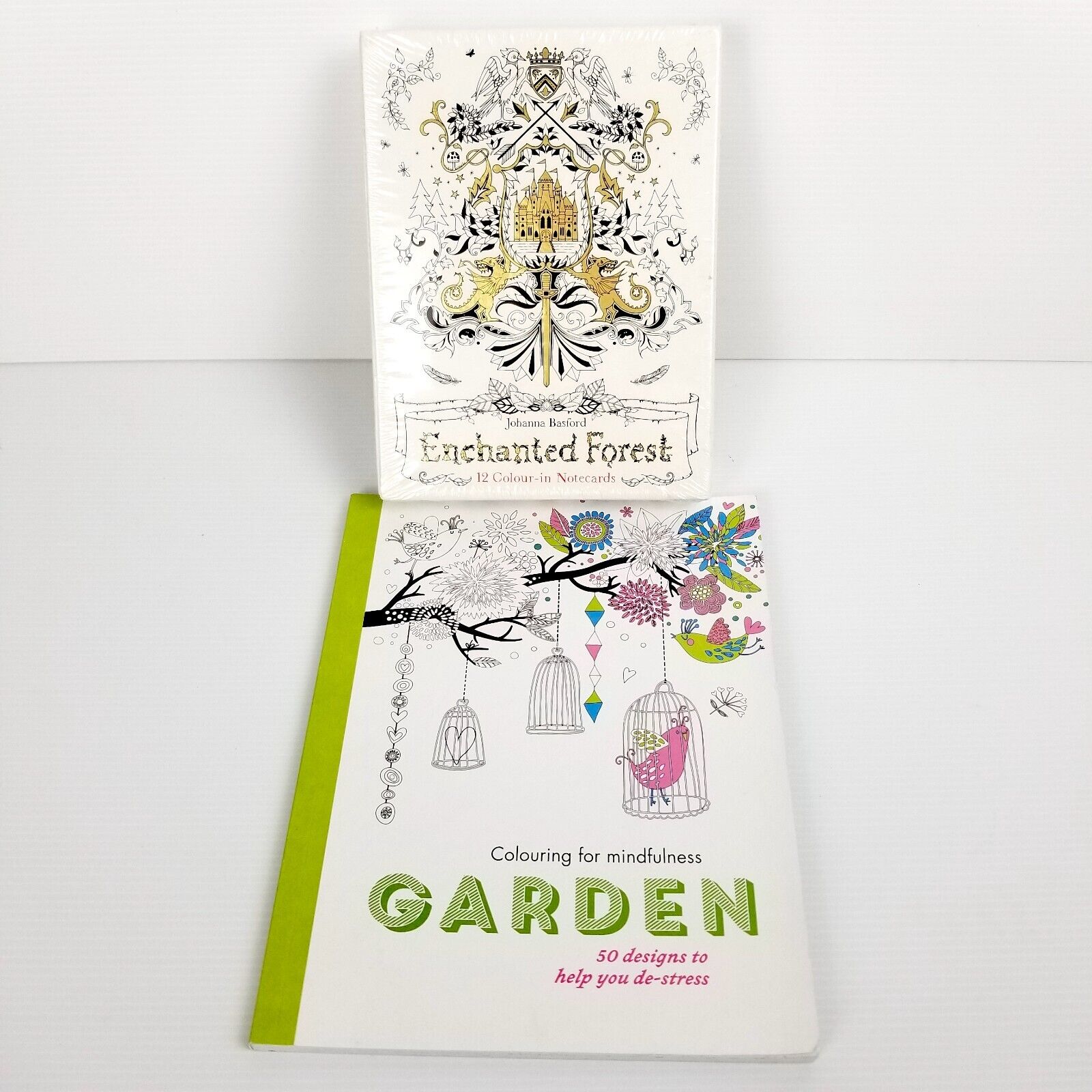 2pc: Garden Colouring Book & Enchanted Forest 12 Colour-In Notecards J. Basford