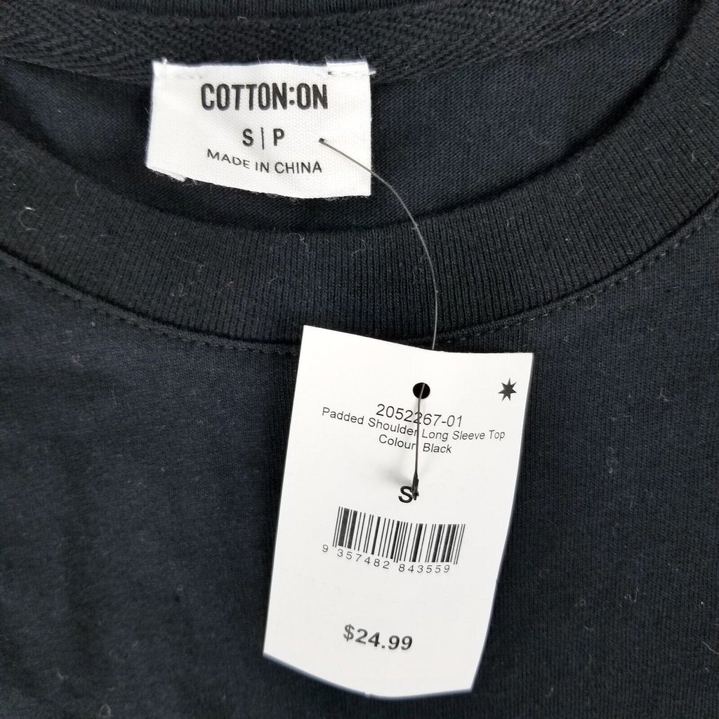 Cotton On Size S Padded Shoulder Long Sleeve Top 100% Cotton 100% Recycled Black