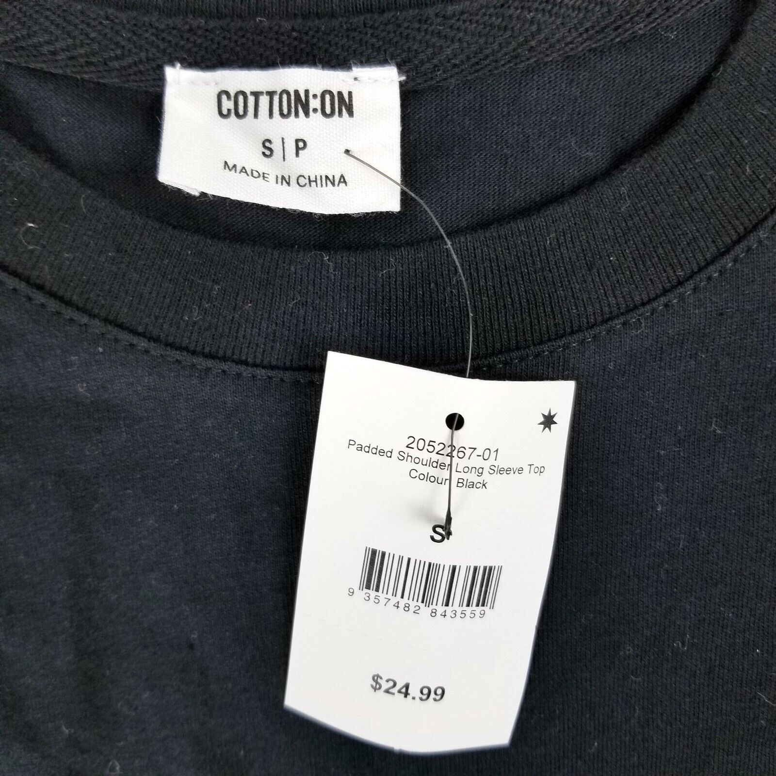 Cotton On Size S Padded Shoulder Long Sleeve Top 100% Cotton 100% Recycled Black