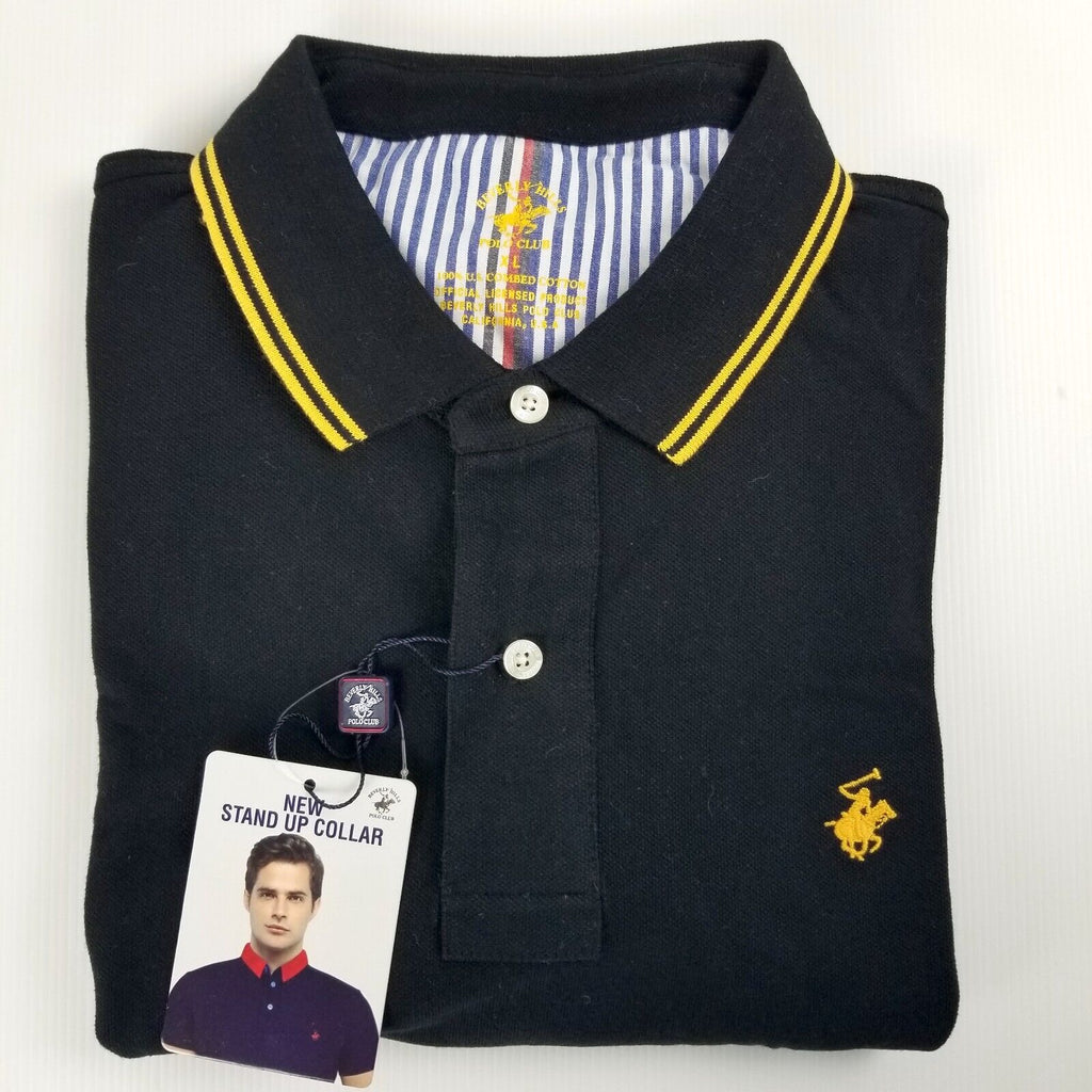 Beverly Hills Polo Club Men's Black Polo Shirt Short Sleeve Button Up Collared