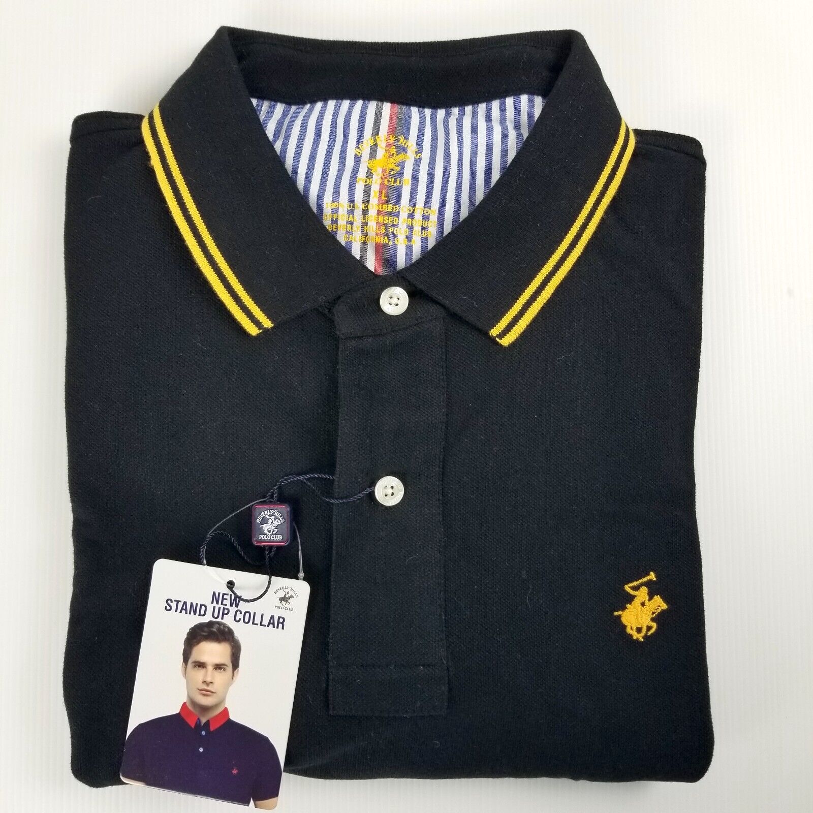 Beverly Hills Polo Club Men's Black Polo Shirt Short Sleeve Button Up Collared