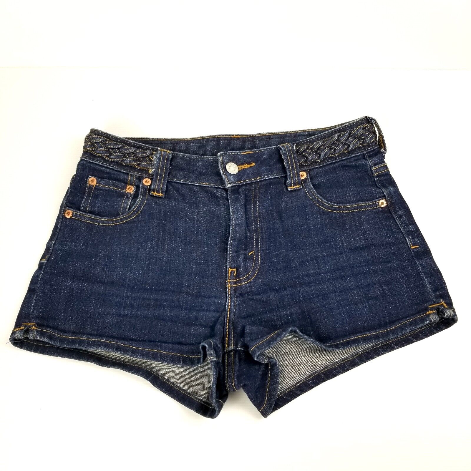 Levi's Women's Size 10 Denim Jean Shorts Dark Wash Blue Braided Belt Hot Pants