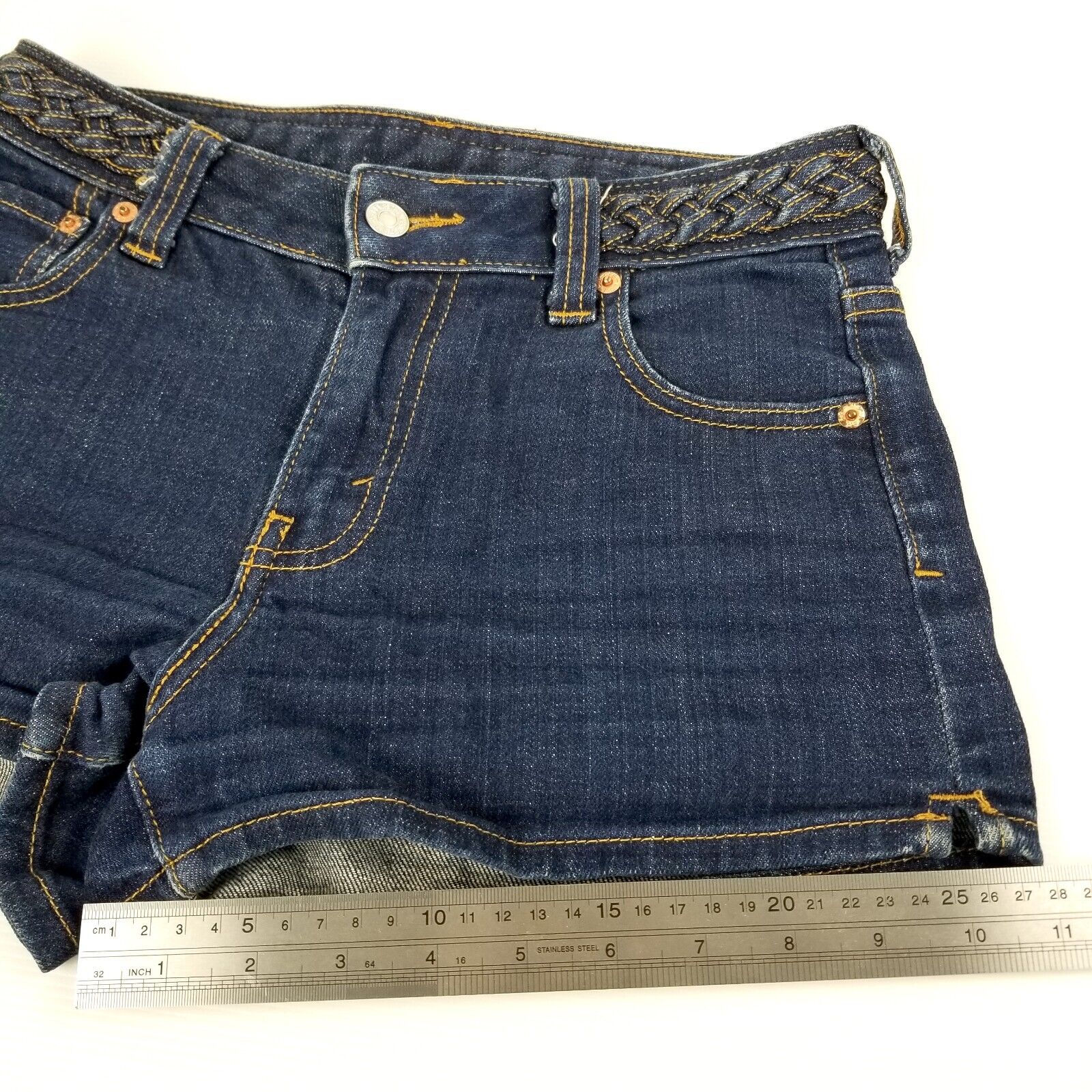 Levi's Women's Size 10 Denim Jean Shorts Dark Wash Blue Braided Belt Hot Pants