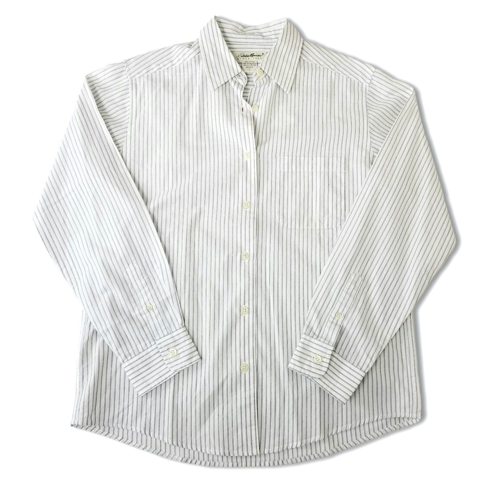Eddie Bauer Womens S Vintage 100% Cotton Long Sleeve White Dress Shirt Pinstripe