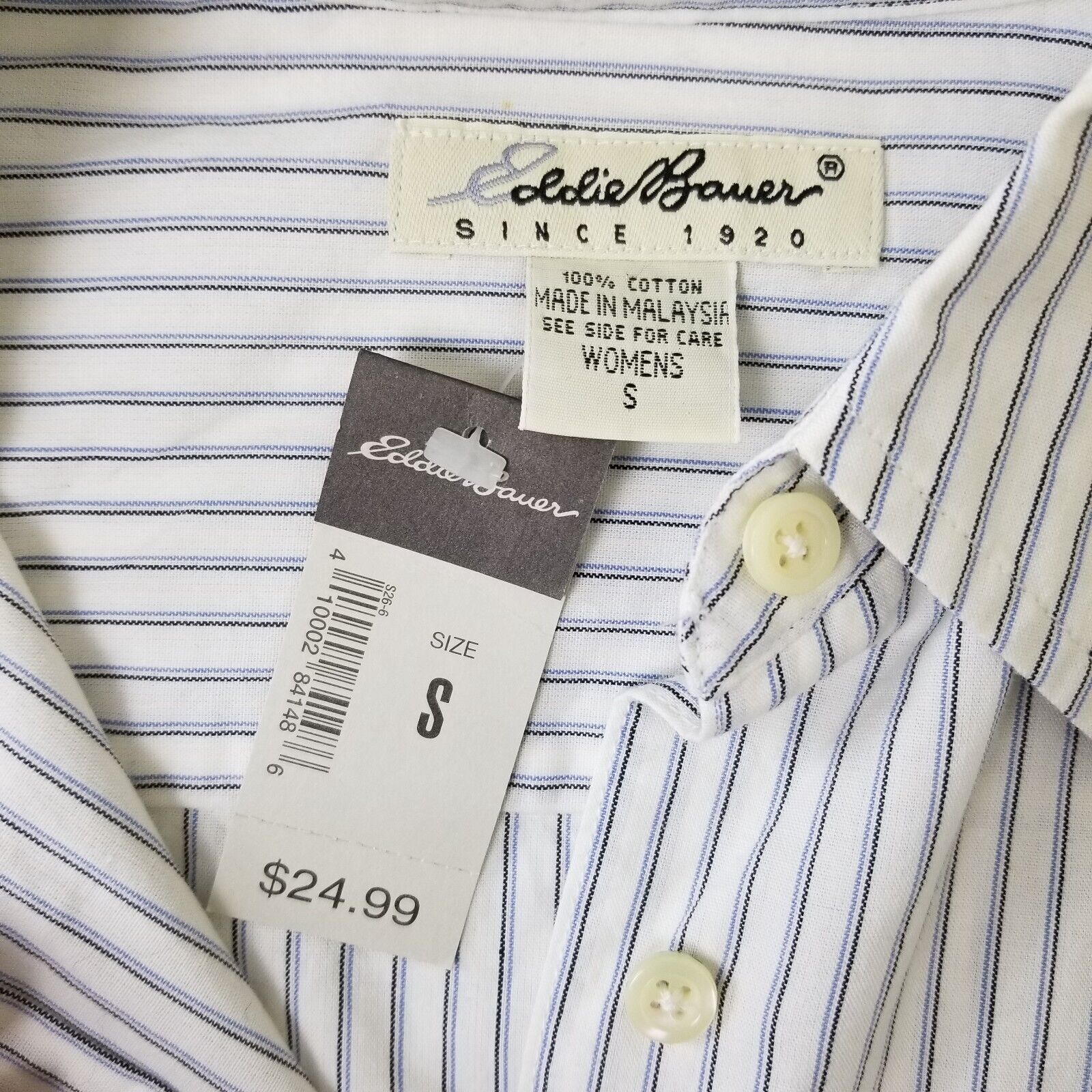 Eddie Bauer Womens S Vintage 100% Cotton Long Sleeve White Dress Shirt Pinstripe