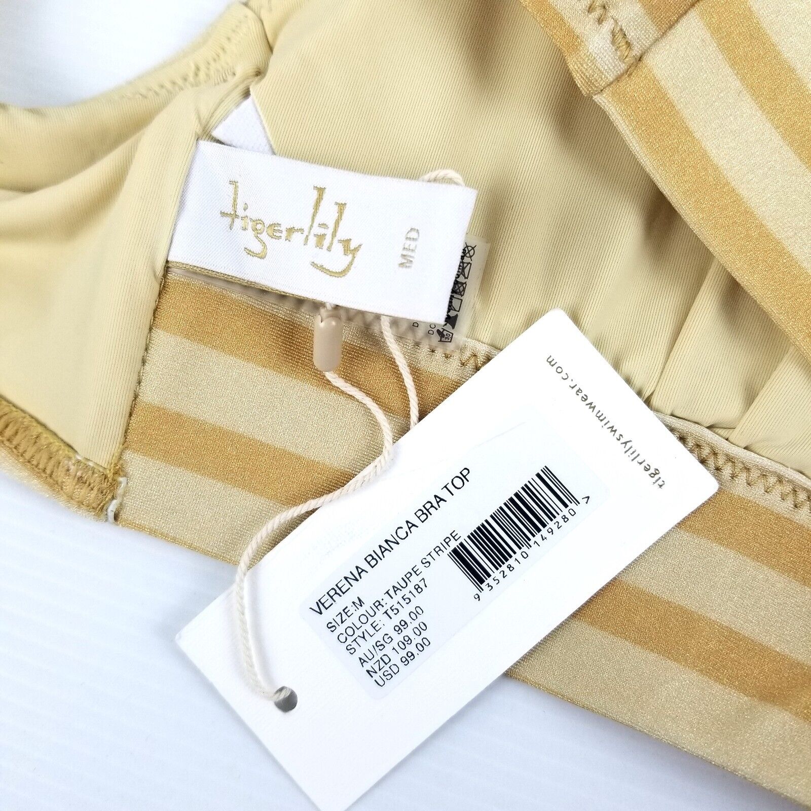 Tigerlily Women's Size M Verena Bianca Bra Top Swimwear Taupe Stripe Yellow Gold