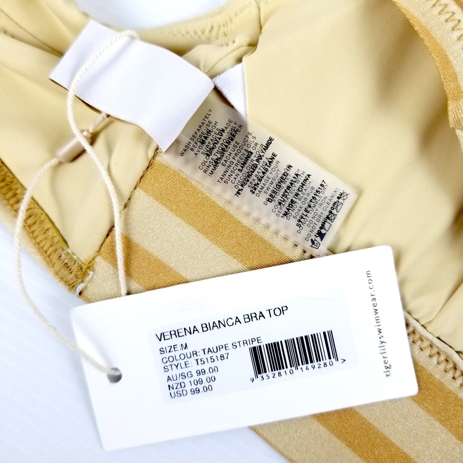 Tigerlily Women's Size M Verena Bianca Bra Top Swimwear Taupe Stripe Yellow Gold