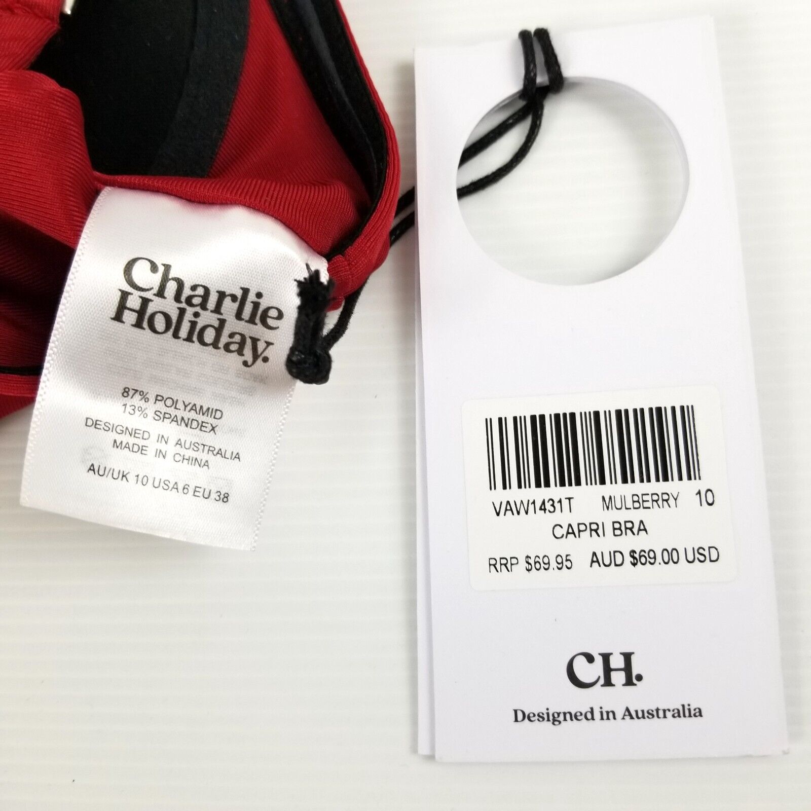 Charlie Holiday Women's Size 10 Capri Bra Swimwear Top Mulberry Red NWT US 6