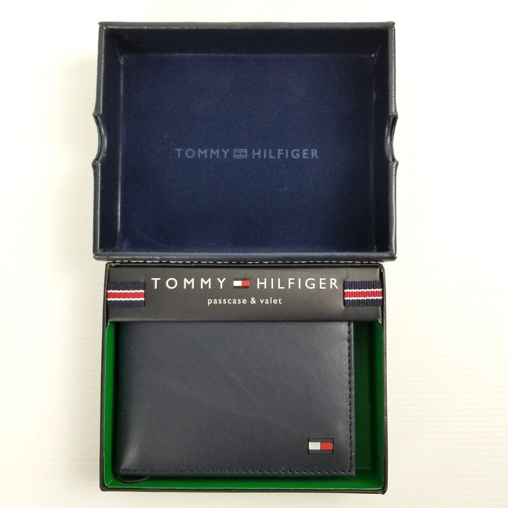 Tommy Hilfiger Men's Bifold Leather Wallet Billfold Navy Dore Blue New Gift Box