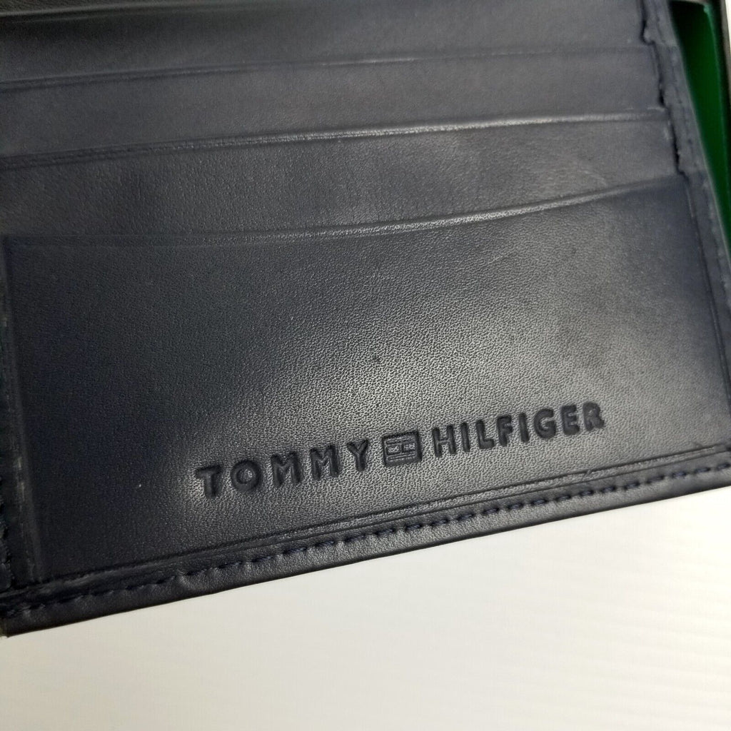 Tommy Hilfiger Men's Bifold Leather Wallet Billfold Navy Dore Blue New Gift Box