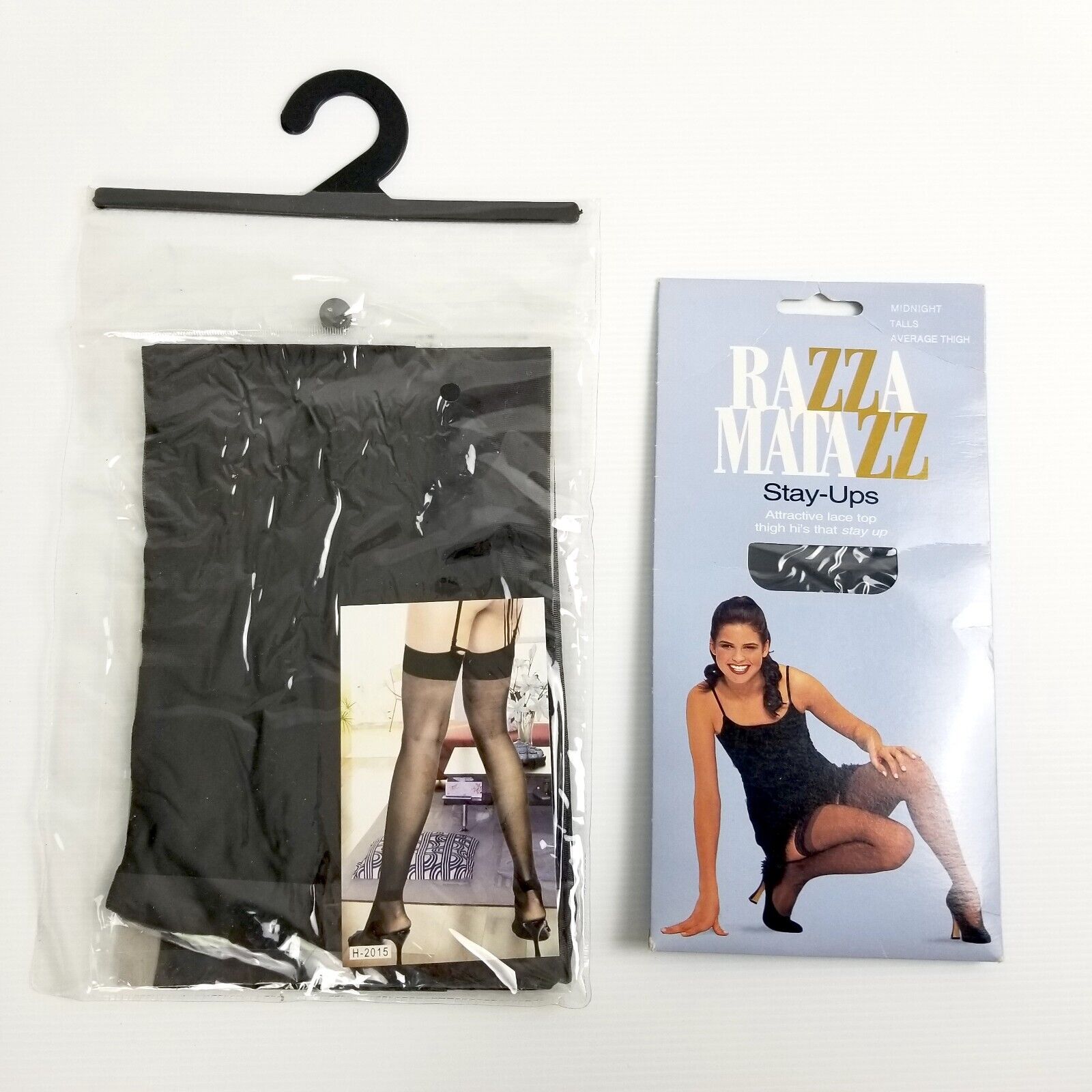 2pc Vintage Stockings Bundle: Black Razzamatazz Stay-Ups + Lace Top Thigh Highs