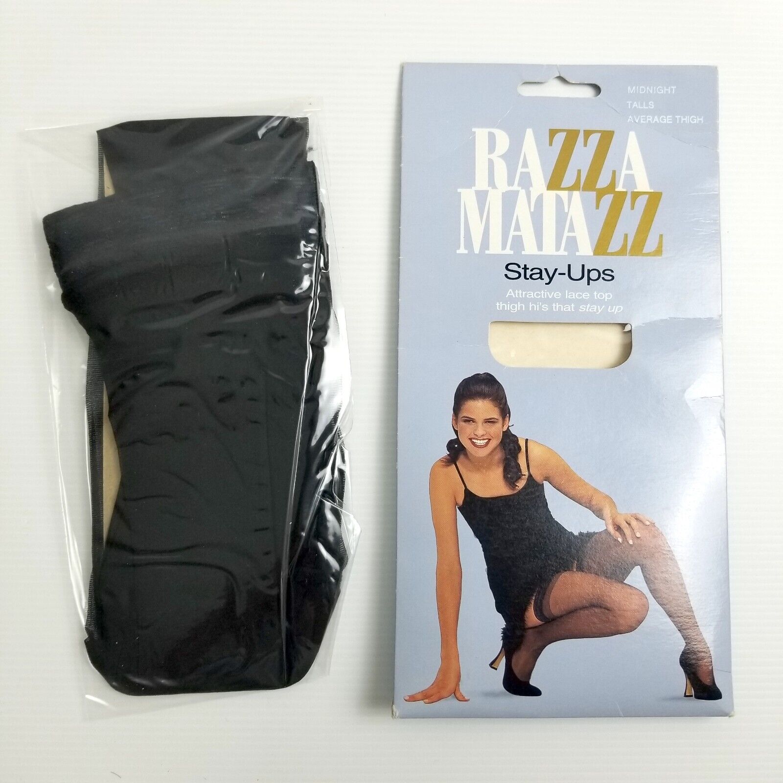 2pc Vintage Stockings Bundle: Black Razzamatazz Stay-Ups + Lace Top Thigh Highs