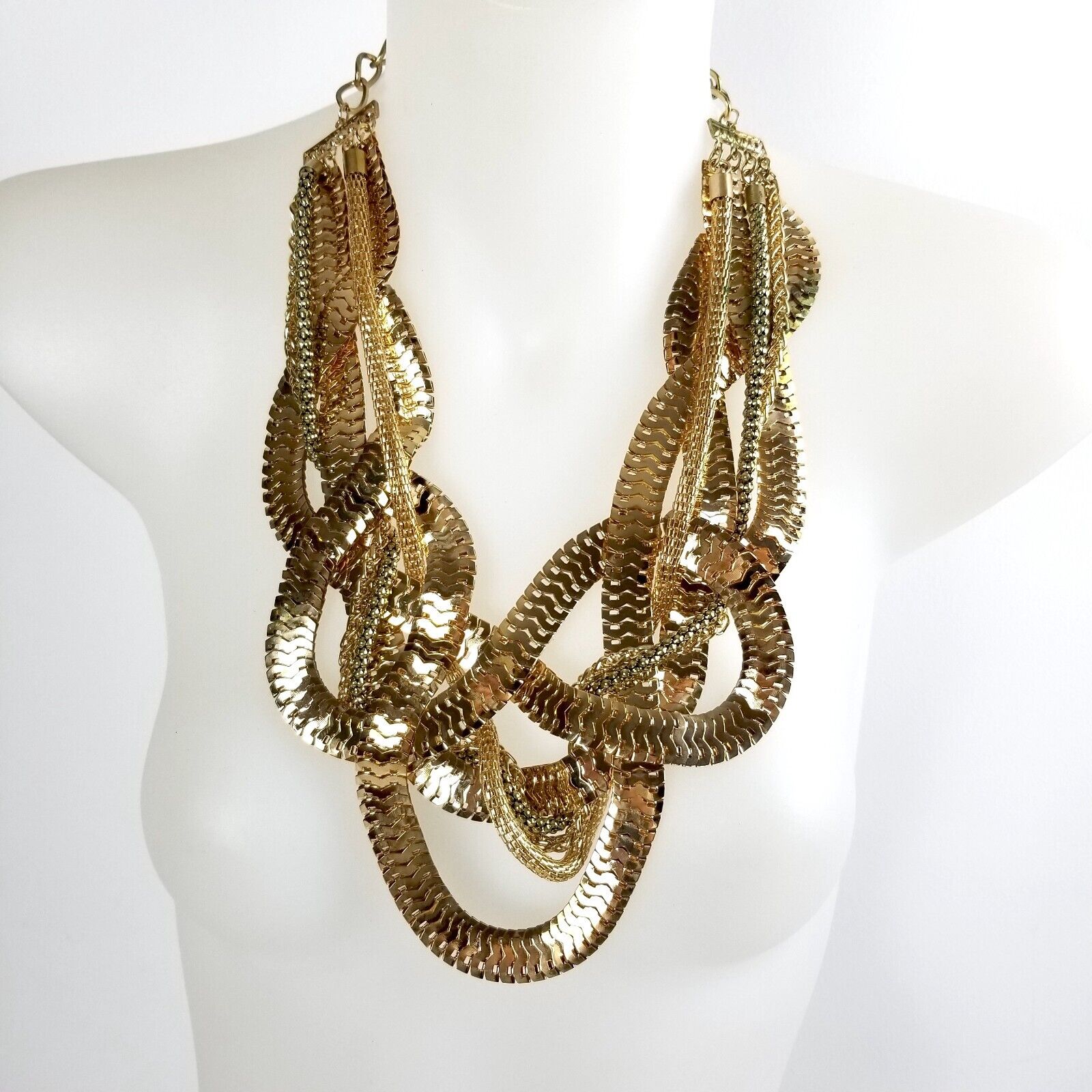 Gold-Tone Statement Necklace Multi-Chain Chunky Woven Layered Neckpiece