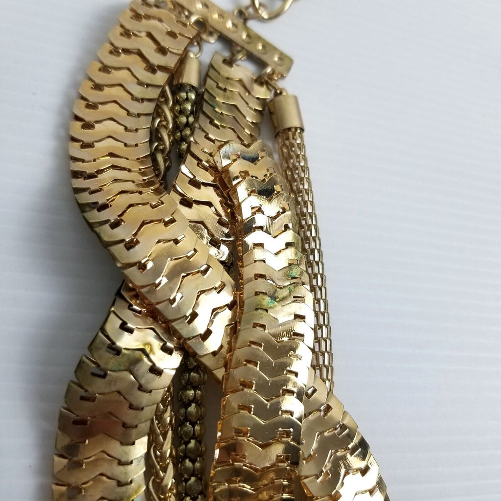 Gold-Tone Statement Necklace Multi-Chain Chunky Woven Layered Neckpiece