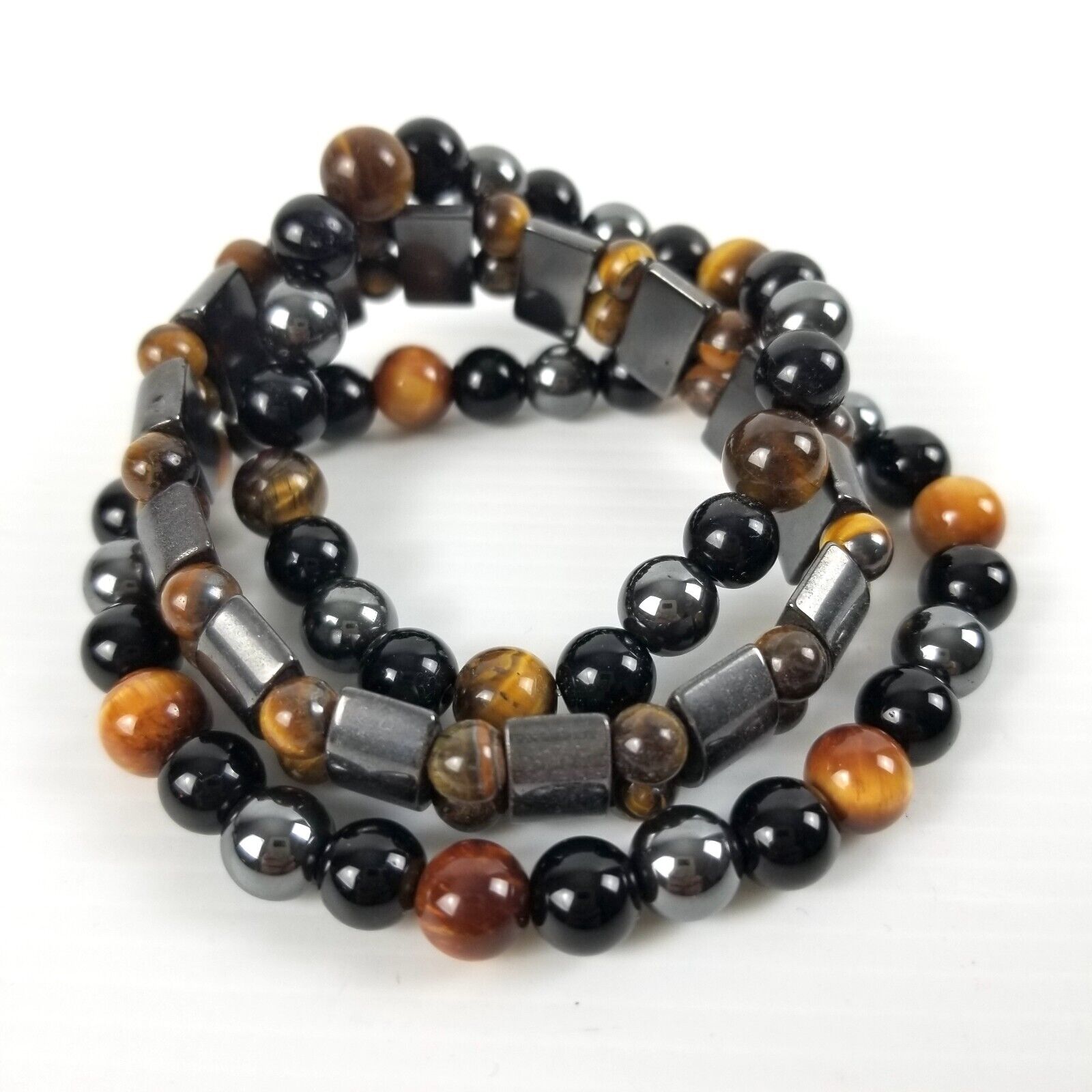 3pc Tigers Eye & Hematite Beaded Stretch Bracelets Chakra Healing Crystals Stack