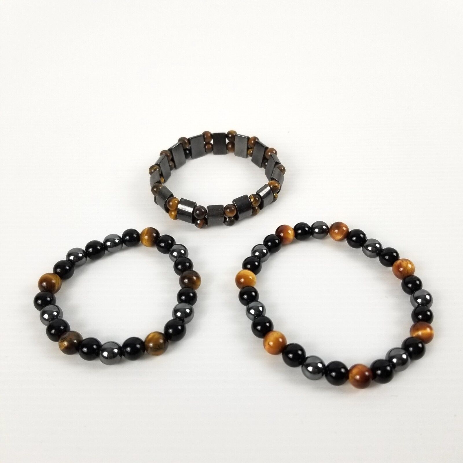 3pc Tigers Eye & Hematite Beaded Stretch Bracelets Chakra Healing Crystals Stack