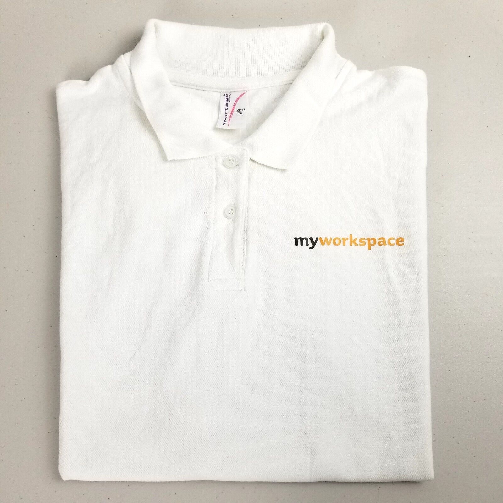 Women’s 16 White Polo Shirt my workspace 100% Cotton Short Sleeve Tee Top Golf