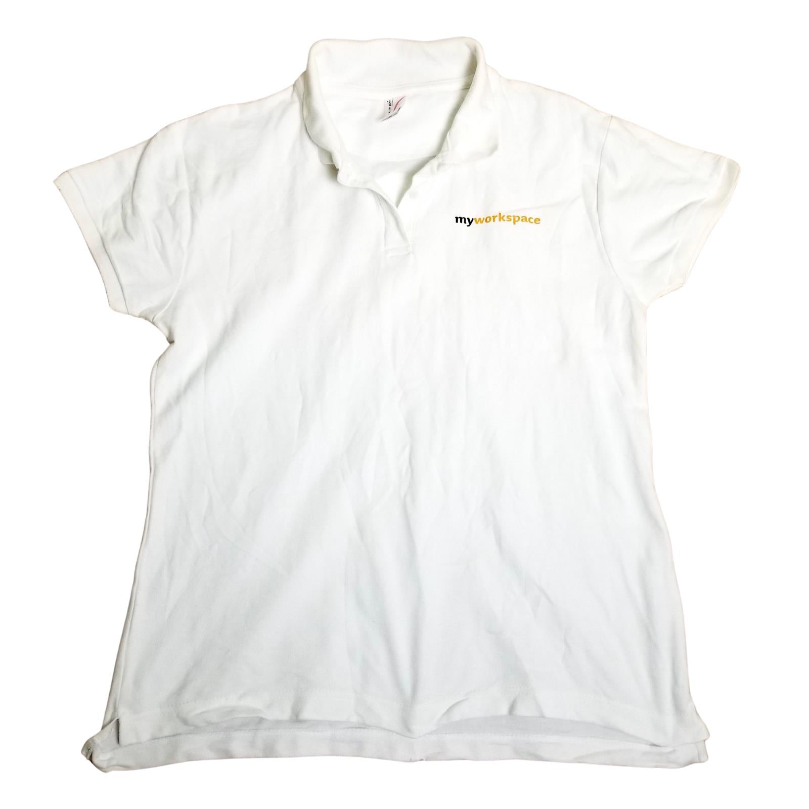 Women’s 16 White Polo Shirt my workspace 100% Cotton Short Sleeve Tee Top Golf