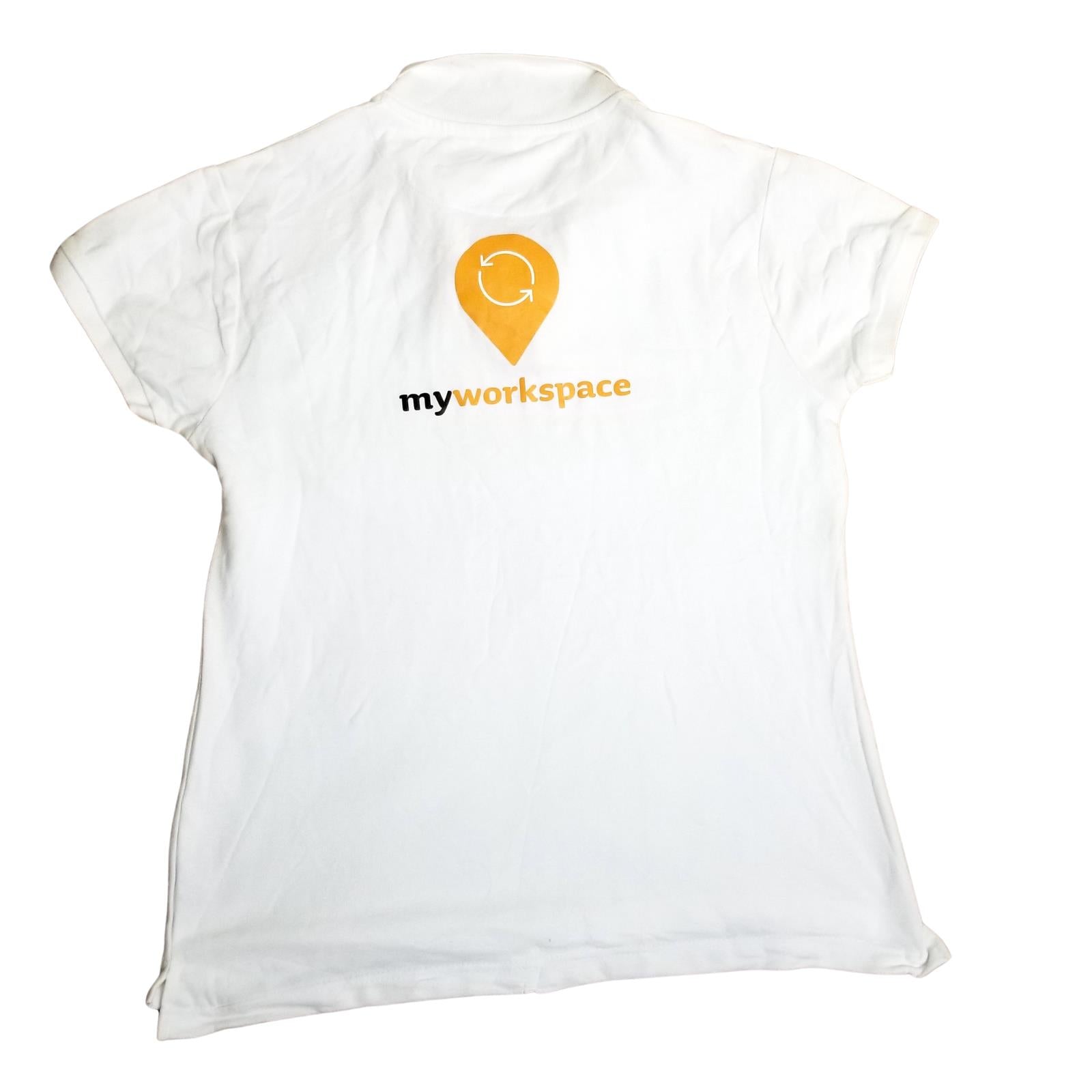 Women’s 16 White Polo Shirt my workspace 100% Cotton Short Sleeve Tee Top Golf