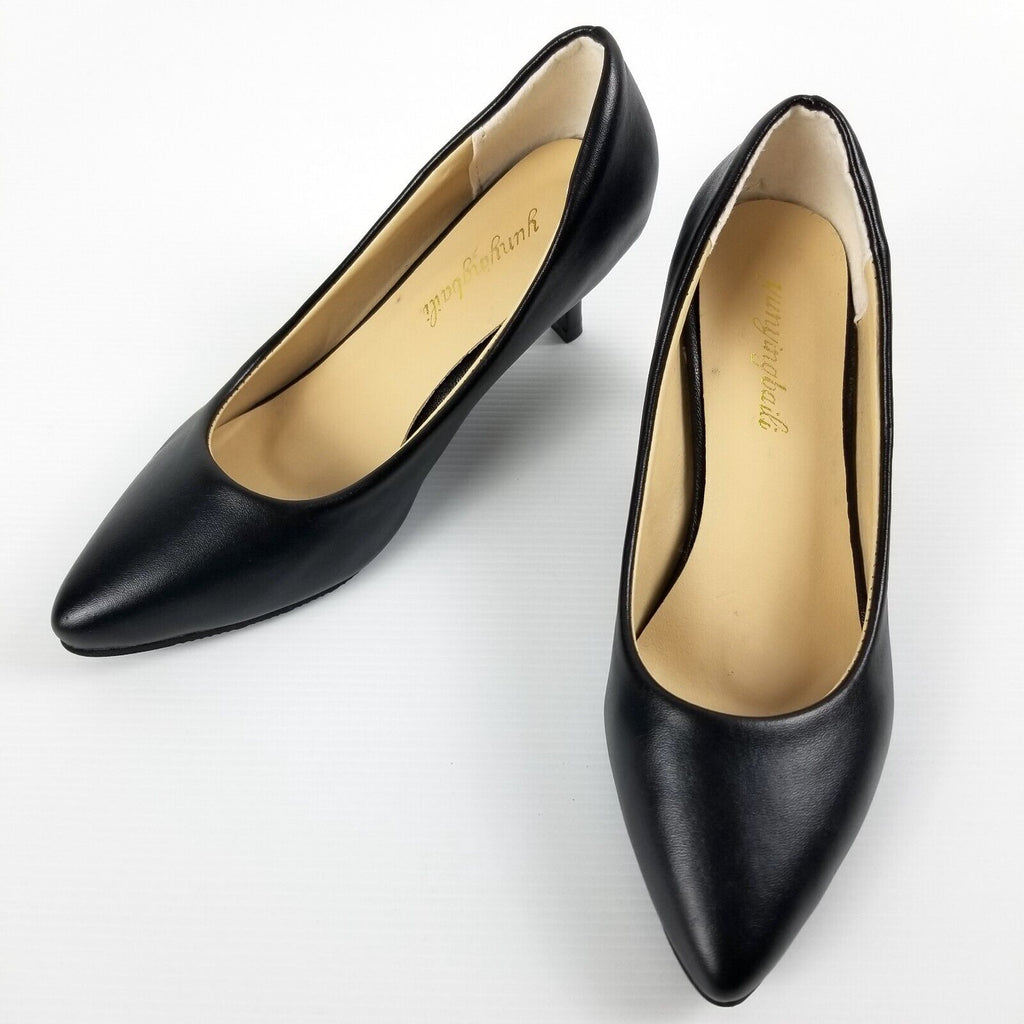 Women's AU 4 Black Faux Leather Pointed Toe Kitten Heels Anti-Slip Work Office