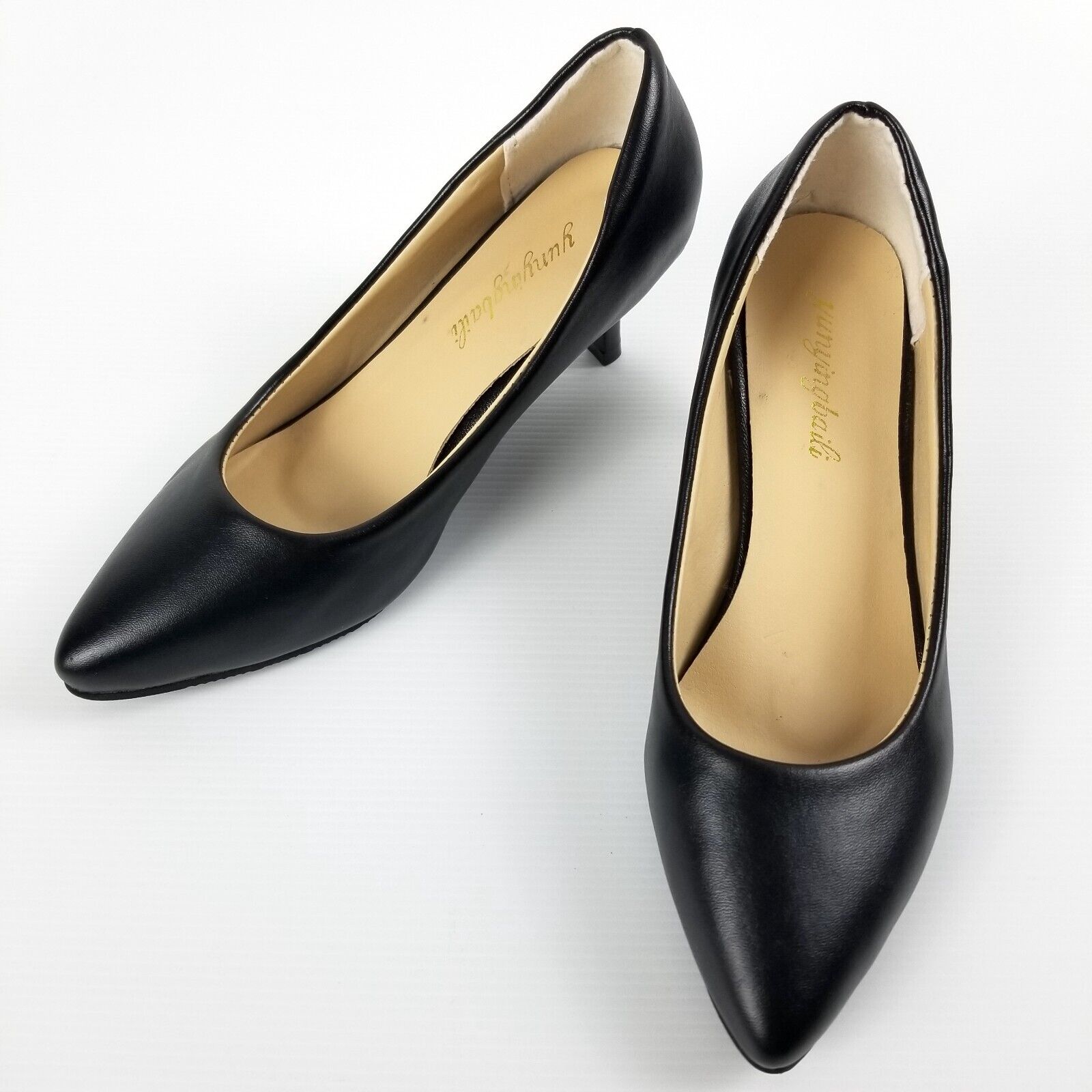 Women's AU 4 Black Faux Leather Pointed Toe Kitten Heels Anti-Slip Work Office