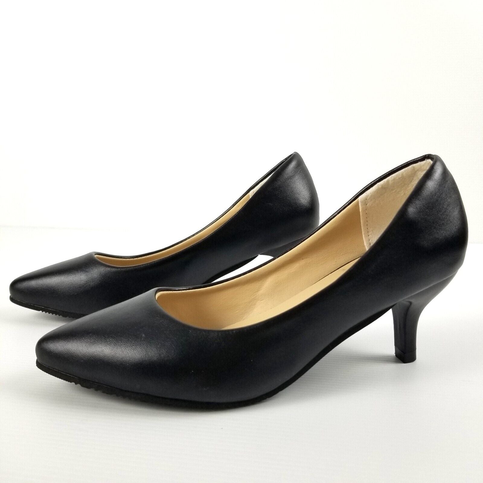 Women's AU 4 Black Faux Leather Pointed Toe Kitten Heels Anti-Slip Work Office