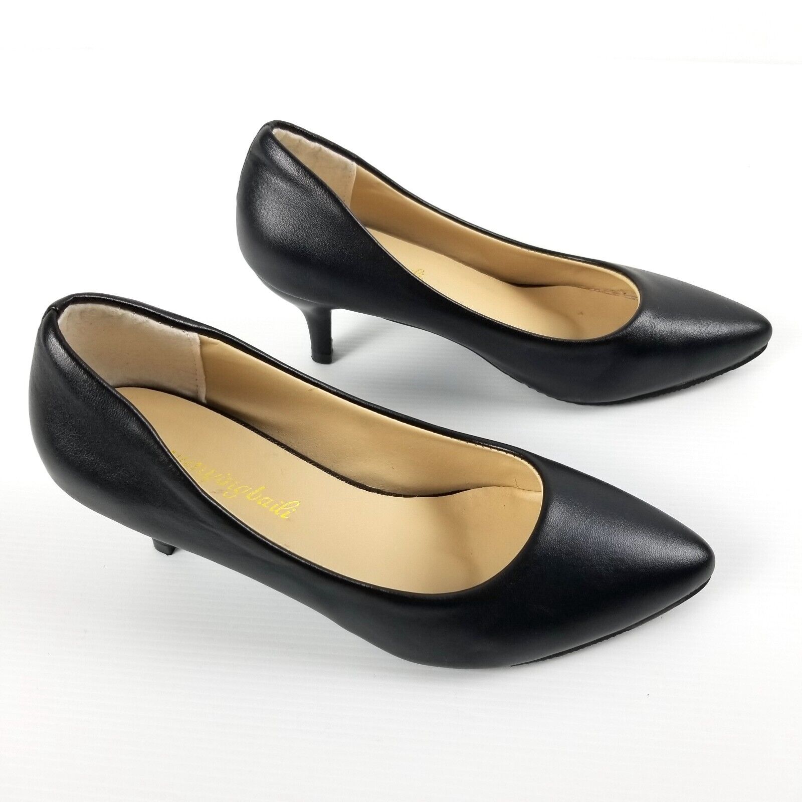 Women's AU 4 Black Faux Leather Pointed Toe Kitten Heels Anti-Slip Work Office