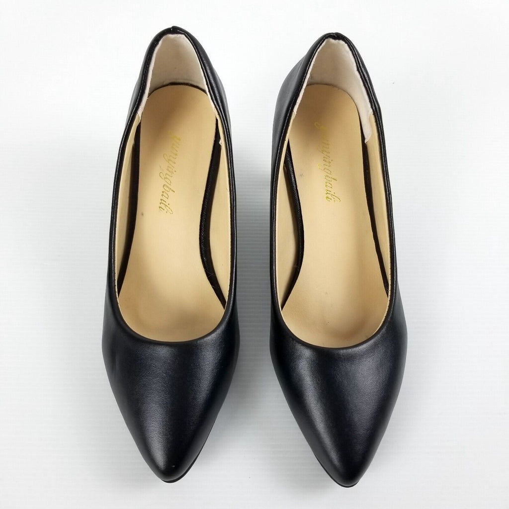 Women's AU 4 Black Faux Leather Pointed Toe Kitten Heels Anti-Slip Work Office
