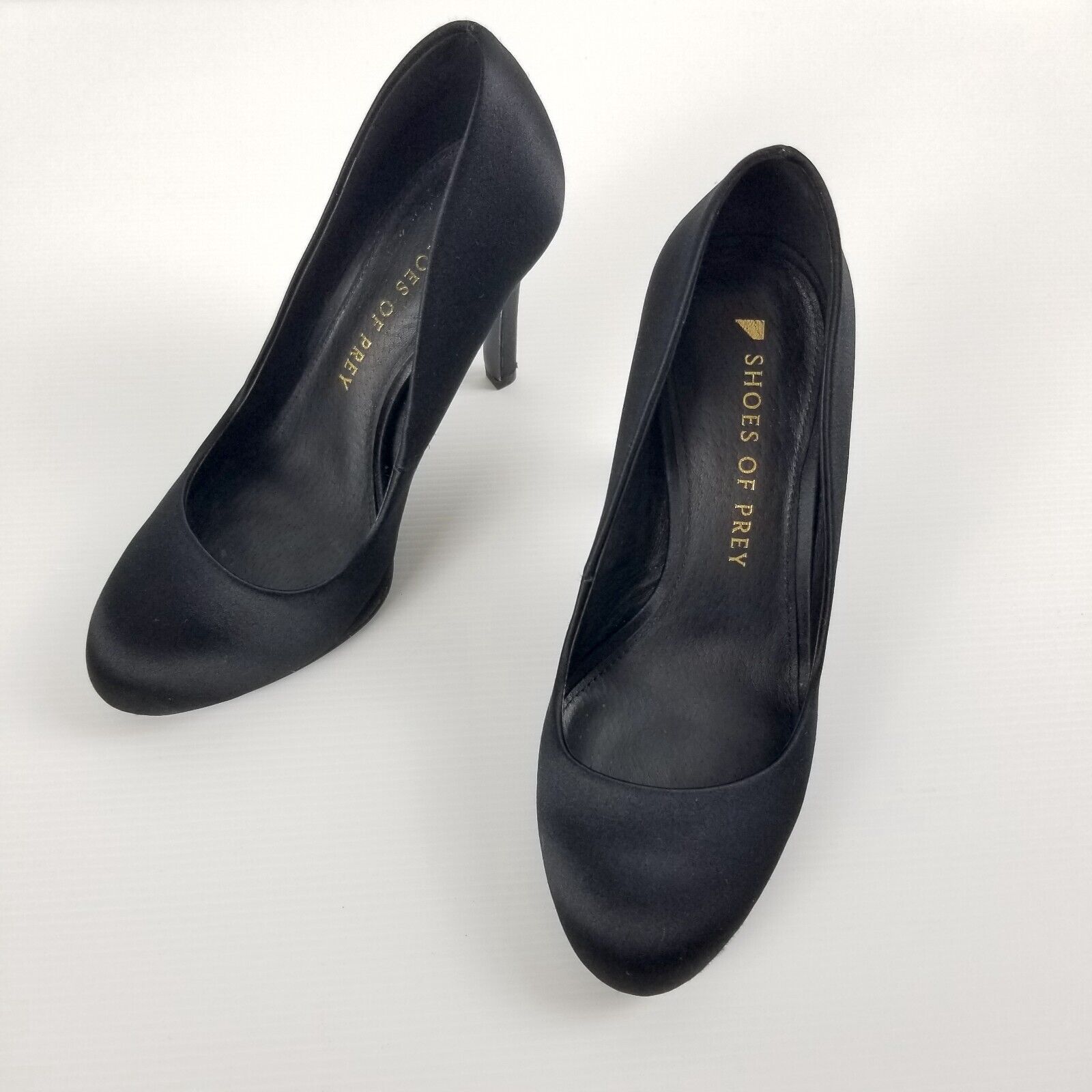 Shoes of Prey Women's Sz 4 WW Black Satin Round Toe High Heels Stilettos Formal