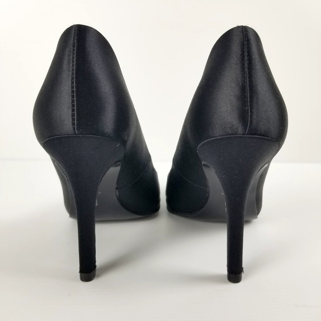Shoes of Prey Women's Sz 4 WW Black Satin Round Toe High Heels Stilettos Formal