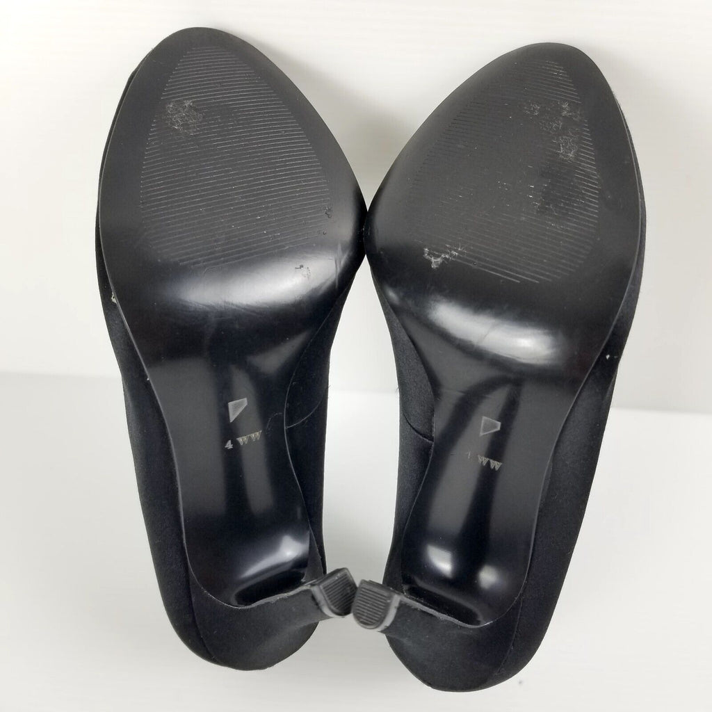 Shoes of Prey Women's Sz 4 WW Black Satin Round Toe High Heels Stilettos Formal