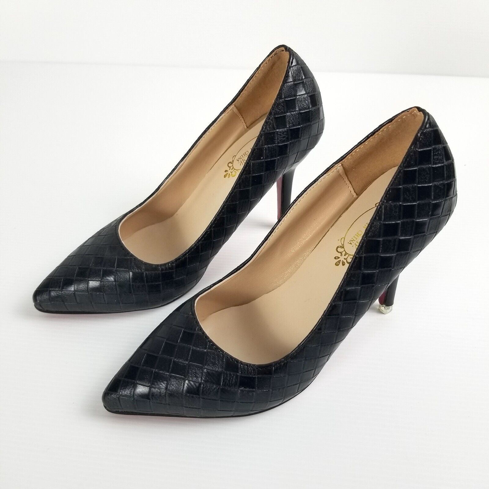 Women's AU 4 220mm Black Checkered Pointed Toe High Heels Stilettos Petite Shoes