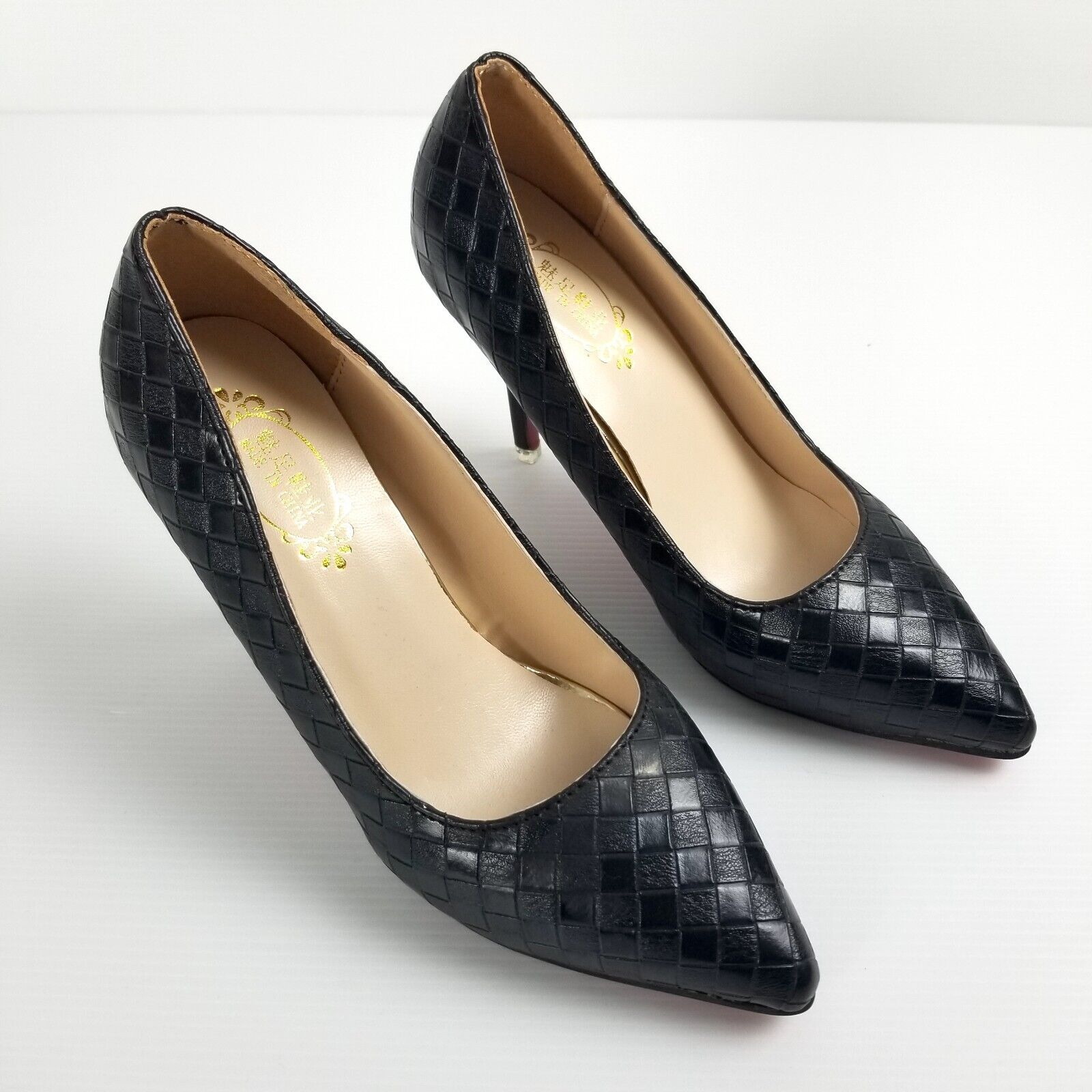 Women's AU 4 220mm Black Checkered Pointed Toe High Heels Stilettos Petite Shoes