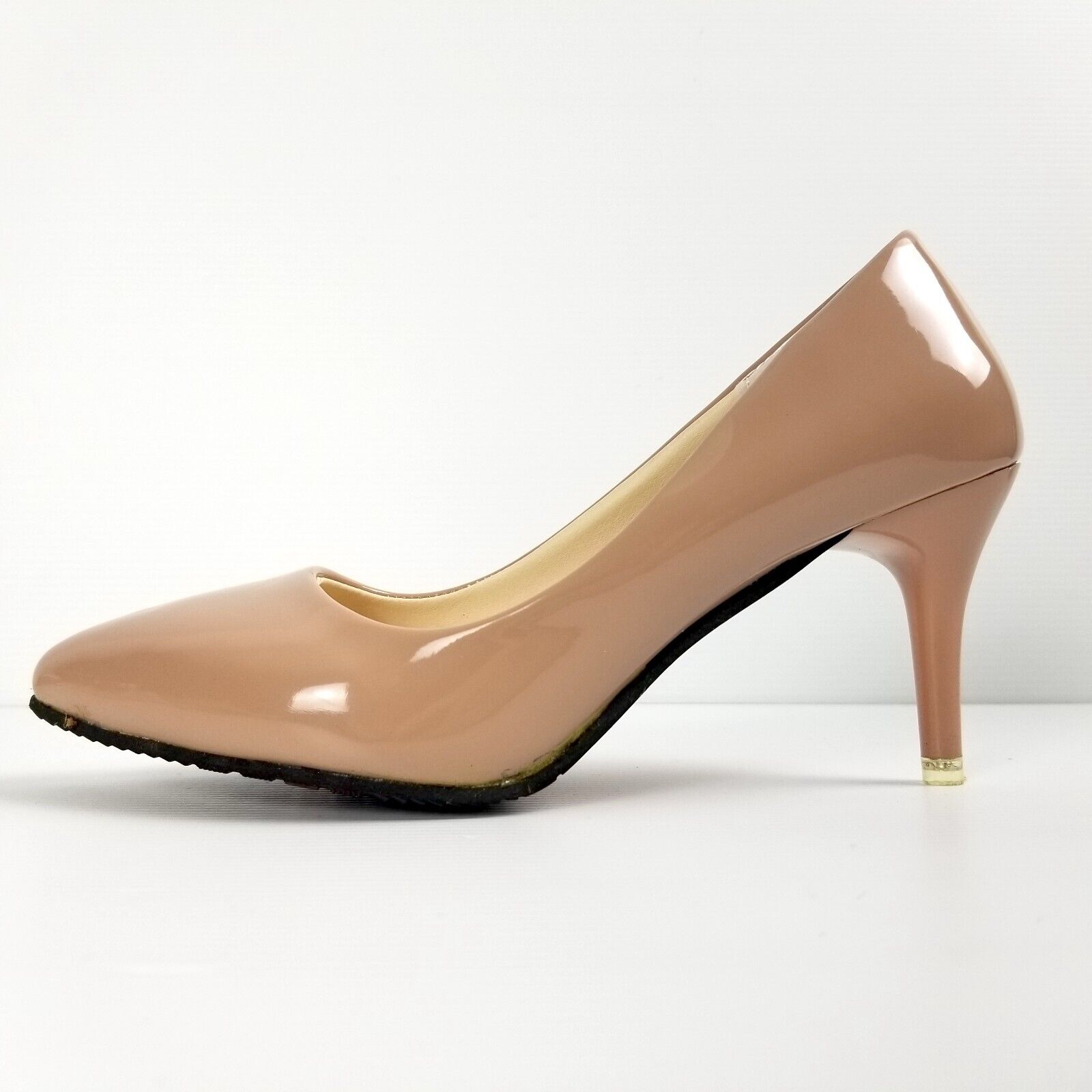 Women's AU 4 34 Beige Nude Patented Leather Pointed Toe Heels Petite Shoes New